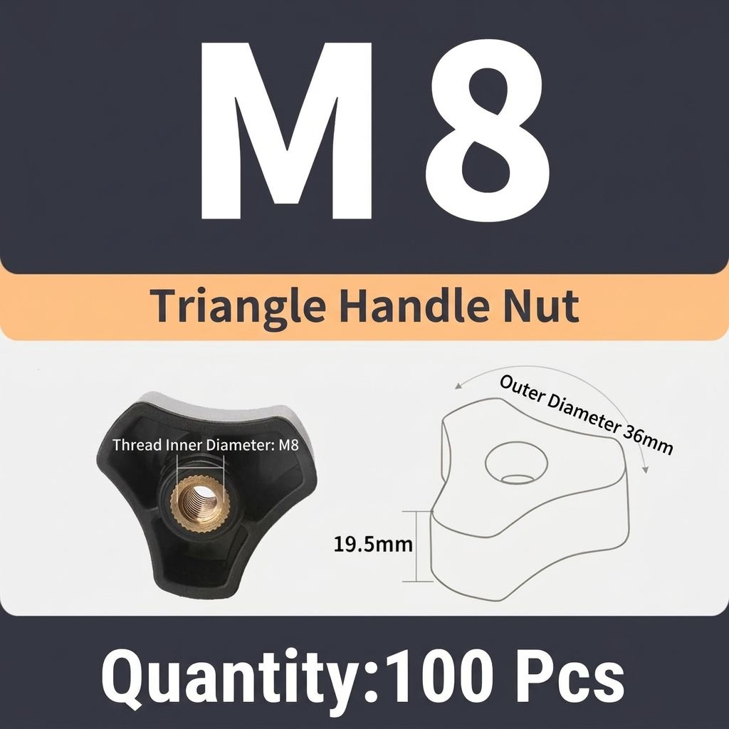 Triangular Knob Nut with Brass Threaded Insert, Ergonomic Hand-Tighten Design for Food Industry, Marine Hardware, Machinery, Furniture and Industrial Applications (M8(100PCS))