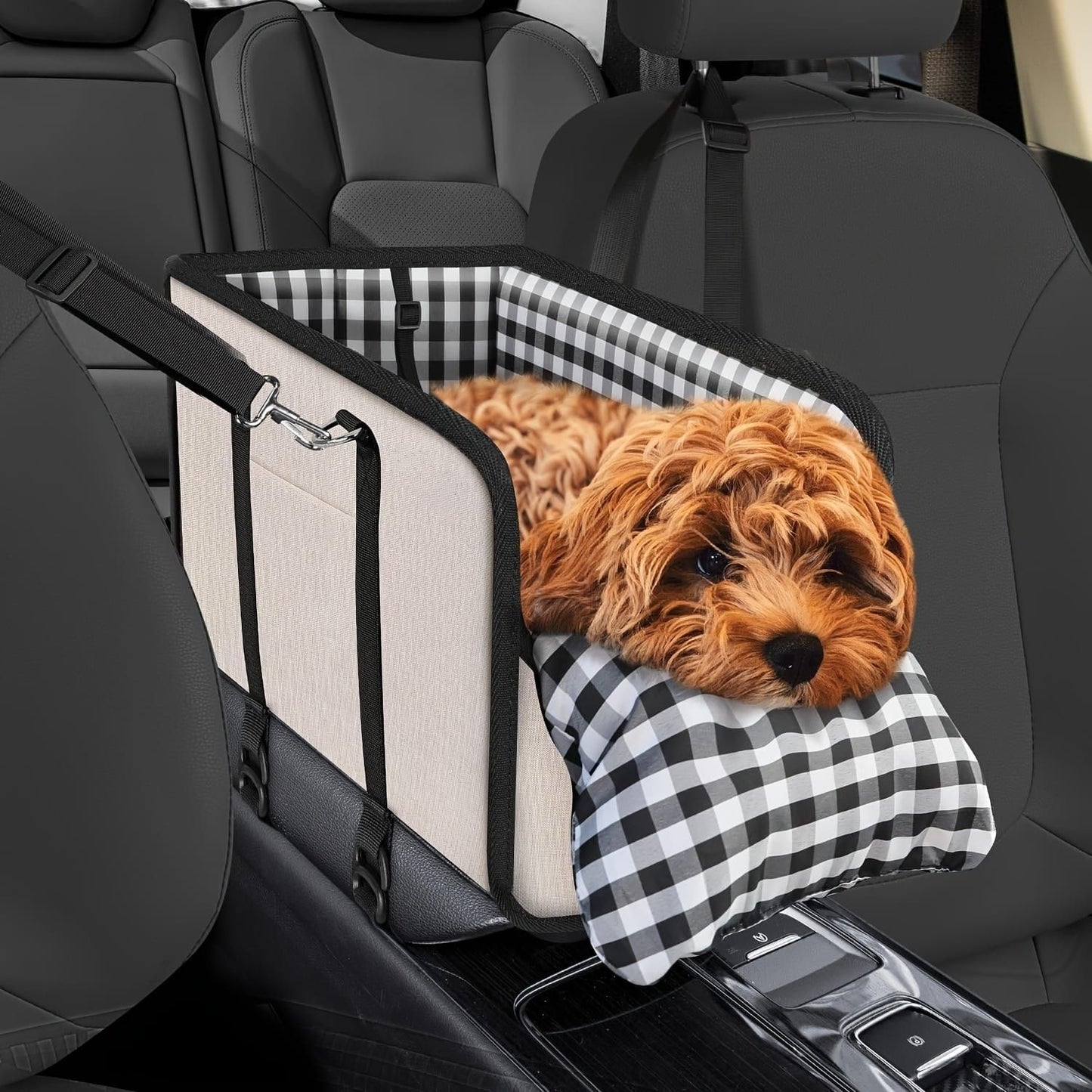 Portable Pet Car Seat for Small Dogs & Cats, Foldable Center Console Pet Bed with Safety Tether, Anti-Slip Bottom, and Removable Cushion for Safe and Comfortable Travel in SUVs, Sedans, and Vans (Beige)