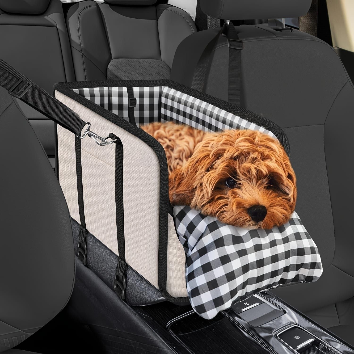 Portable Pet Car Seat for Small Dogs & Cats, Foldable Center Console Pet Bed with Safety Tether, Anti-Slip Bottom, and Removable Cushion for Safe and Comfortable Travel in SUVs, Sedans, and Vans (Beige)