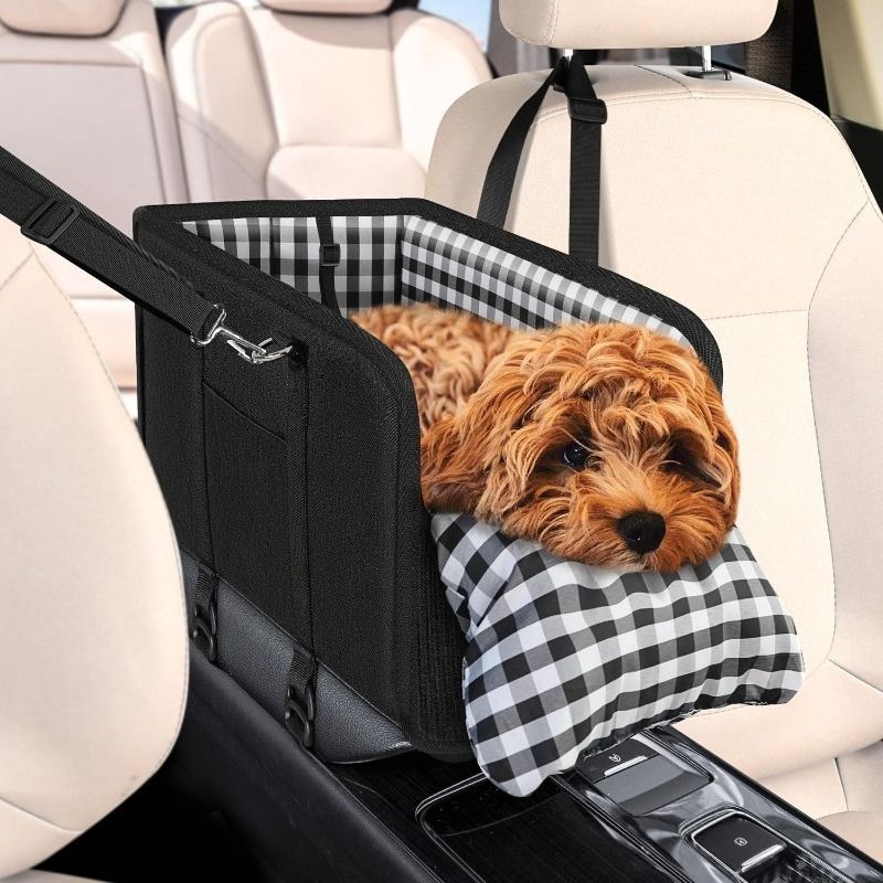 Portable Pet Car Seat for Small Dogs & Cats, Foldable Center Console Pet Bed with Safety Tether, Anti-Slip Bottom, and Removable Cushion for Safe and Comfortable Travel in SUVs, Sedans, and Vans (Black)