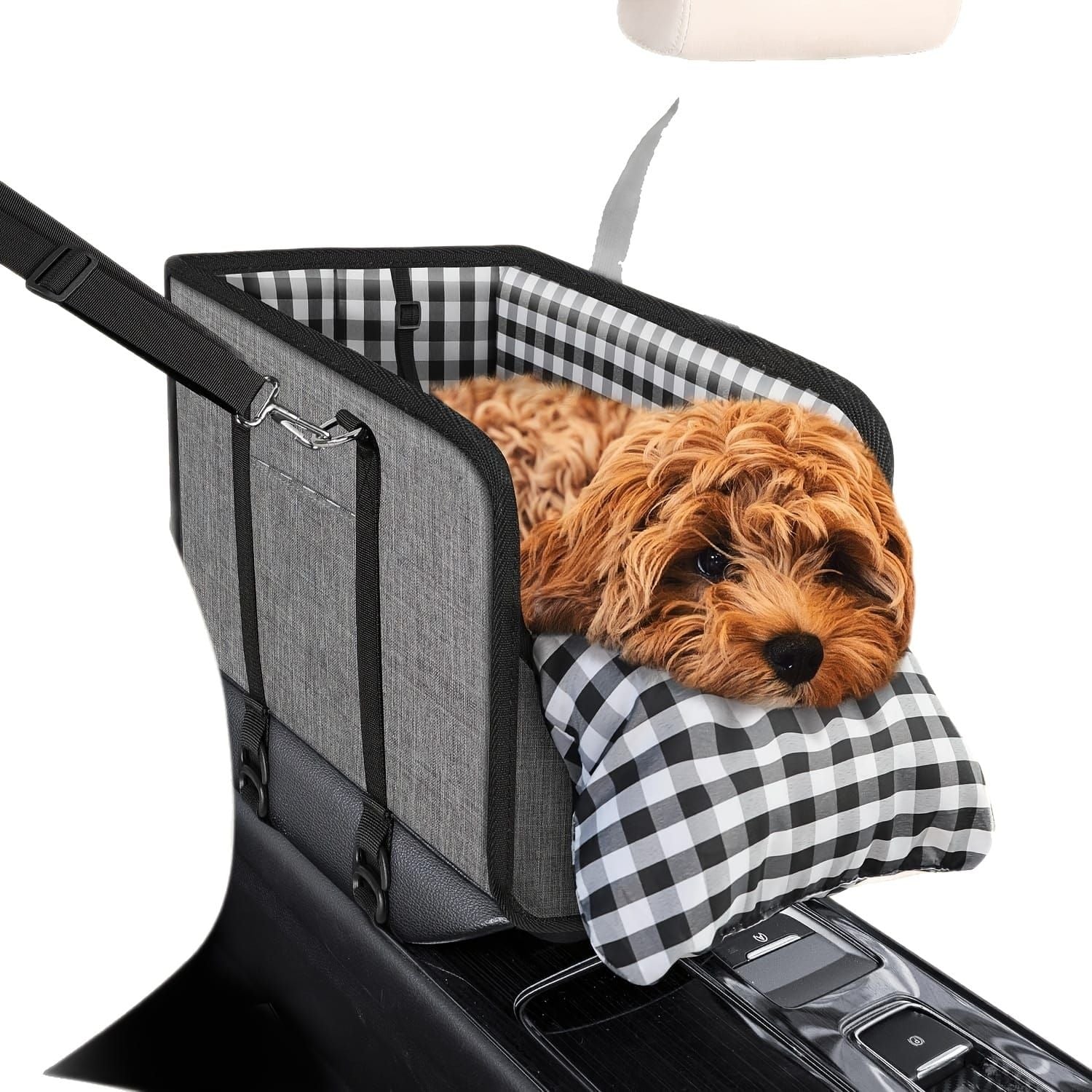 Portable Pet Car Seat for Small Dogs & Cats, Foldable Center Console Pet Bed with Safety Tether, Anti-Slip Bottom, and Removable Cushion for Safe and Comfortable Travel in SUVs, Sedans, and Vans (Grey)
