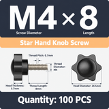Black Six-Lobe Star Shaped Thumb Screws with Metal Threaded Stud, Tool-Free Hand Tightening Fastener for Machinery, Furniture, Marine and Industrial Assembly (M4×8(100PCS ))