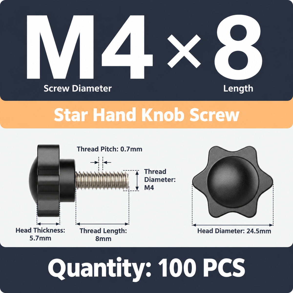 Black Six-Lobe Star Shaped Thumb Screws with Metal Threaded Stud, Tool-Free Hand Tightening Fastener for Machinery, Furniture, Marine and Industrial Assembly (M4×8(100PCS ))