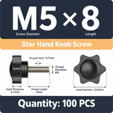 Black Six-Lobe Star Shaped Thumb Screws with Metal Threaded Stud, Tool-Free Hand Tightening Fastener for Machinery, Furniture, Marine and Industrial Assembly (M5×8(100PCS ))