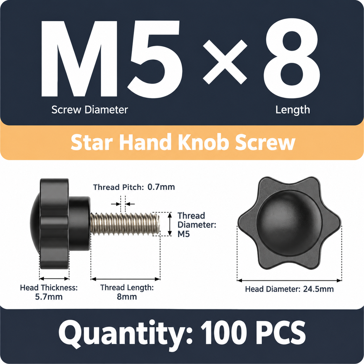 Black Six-Lobe Star Shaped Thumb Screws with Metal Threaded Stud, Tool-Free Hand Tightening Fastener for Machinery, Furniture, Marine and Industrial Assembly (M5×8(100PCS ))
