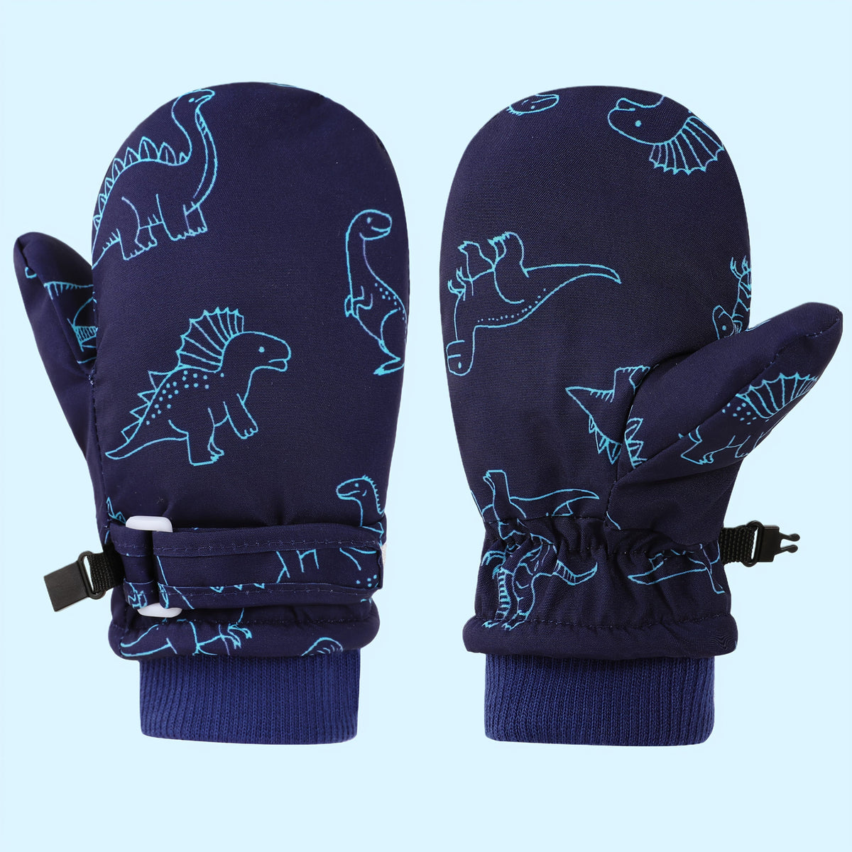 Kids' Dinosaur Patterned Warm Ski Mittens with Waterproof Shell, Adjustable Wrist Straps, and Anti-Loss Clip for Winter Outdoor Play, Snow, and Cold Weather Adventures (L, Navy)