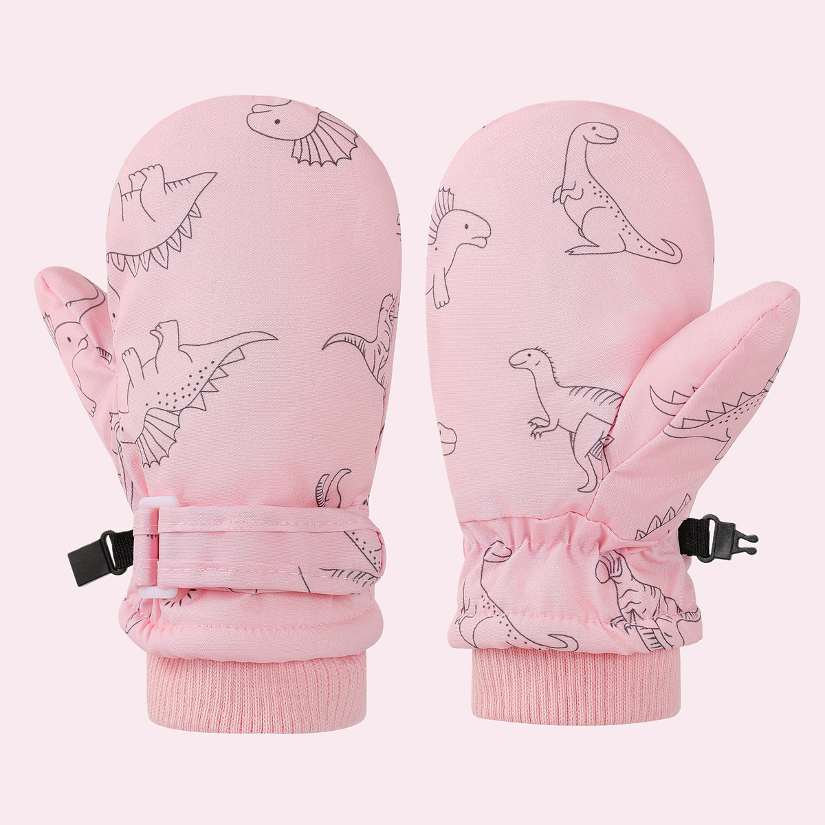 Kids' Dinosaur Patterned Warm Ski Mittens with Waterproof Shell, Adjustable Wrist Straps, and Anti-Loss Clip for Winter Outdoor Play, Snow, and Cold Weather Adventures (L, Pink)