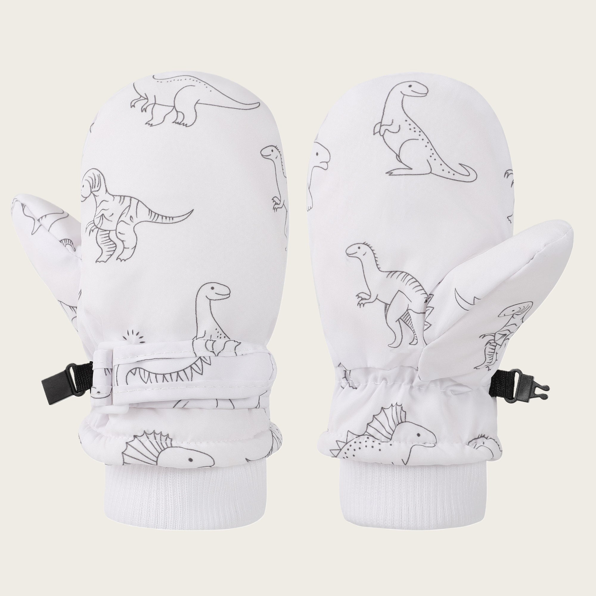 Kids' Dinosaur Patterned Warm Ski Mittens with Waterproof Shell, Adjustable Wrist Straps, and Anti-Loss Clip for Winter Outdoor Play, Snow, and Cold Weather Adventures (L, White)