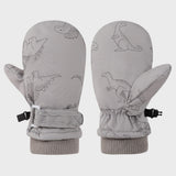 Kids' Dinosaur Patterned Warm Ski Mittens with Waterproof Shell, Adjustable Wrist Straps, and Anti-Loss Clip for Winter Outdoor Play, Snow, and Cold Weather Adventures (M, Grey)
