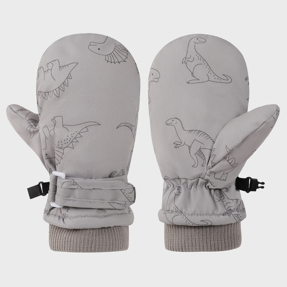 Kids' Dinosaur Patterned Warm Ski Mittens with Waterproof Shell, Adjustable Wrist Straps, and Anti-Loss Clip for Winter Outdoor Play, Snow, and Cold Weather Adventures (M, Grey)