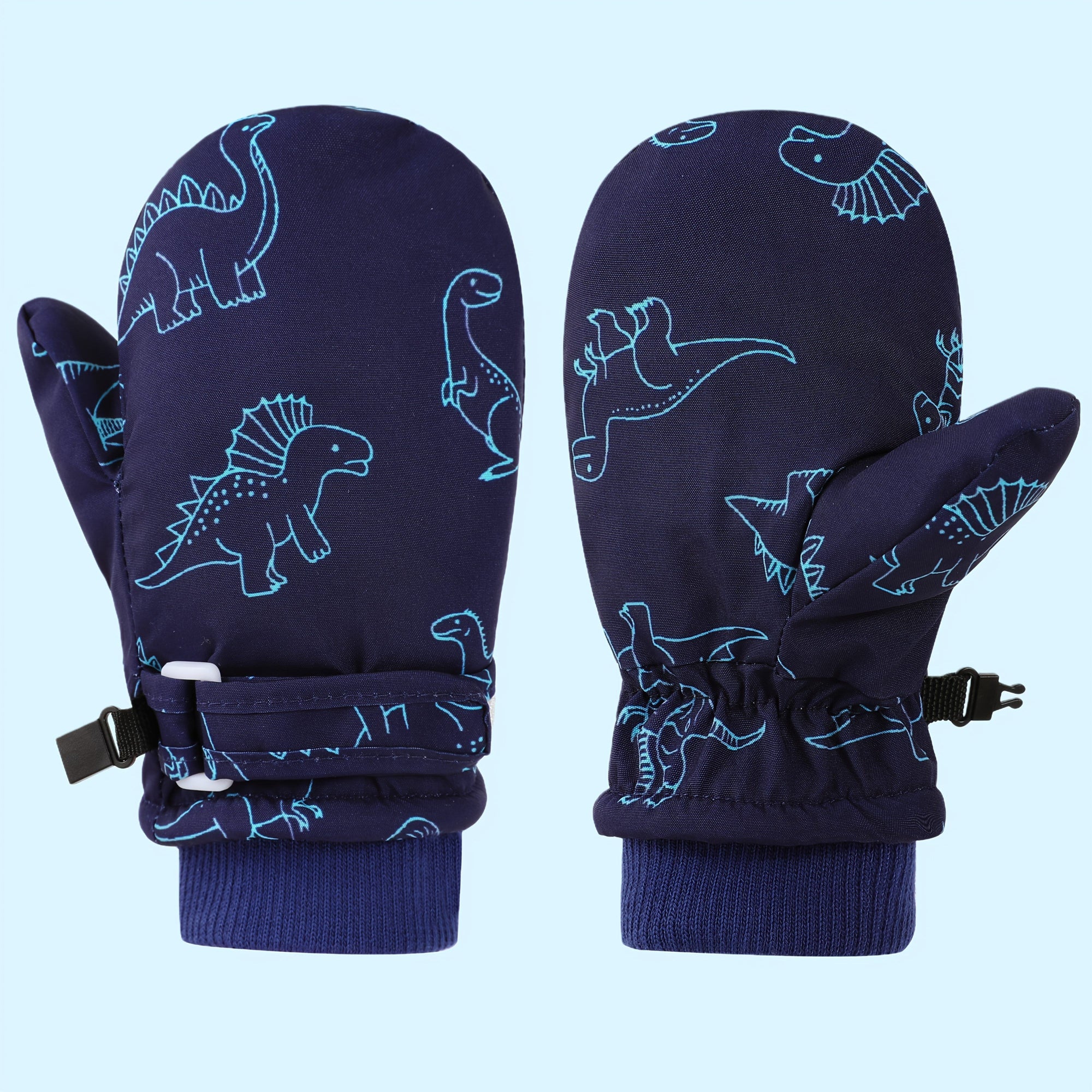 Kids' Dinosaur Patterned Warm Ski Mittens with Waterproof Shell, Adjustable Wrist Straps, and Anti-Loss Clip for Winter Outdoor Play, Snow, and Cold Weather Adventures (M, Navy)
