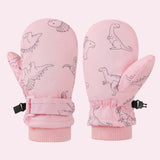 Kids' Dinosaur Patterned Warm Ski Mittens with Waterproof Shell, Adjustable Wrist Straps, and Anti-Loss Clip for Winter Outdoor Play, Snow, and Cold Weather Adventures (M, Pink)