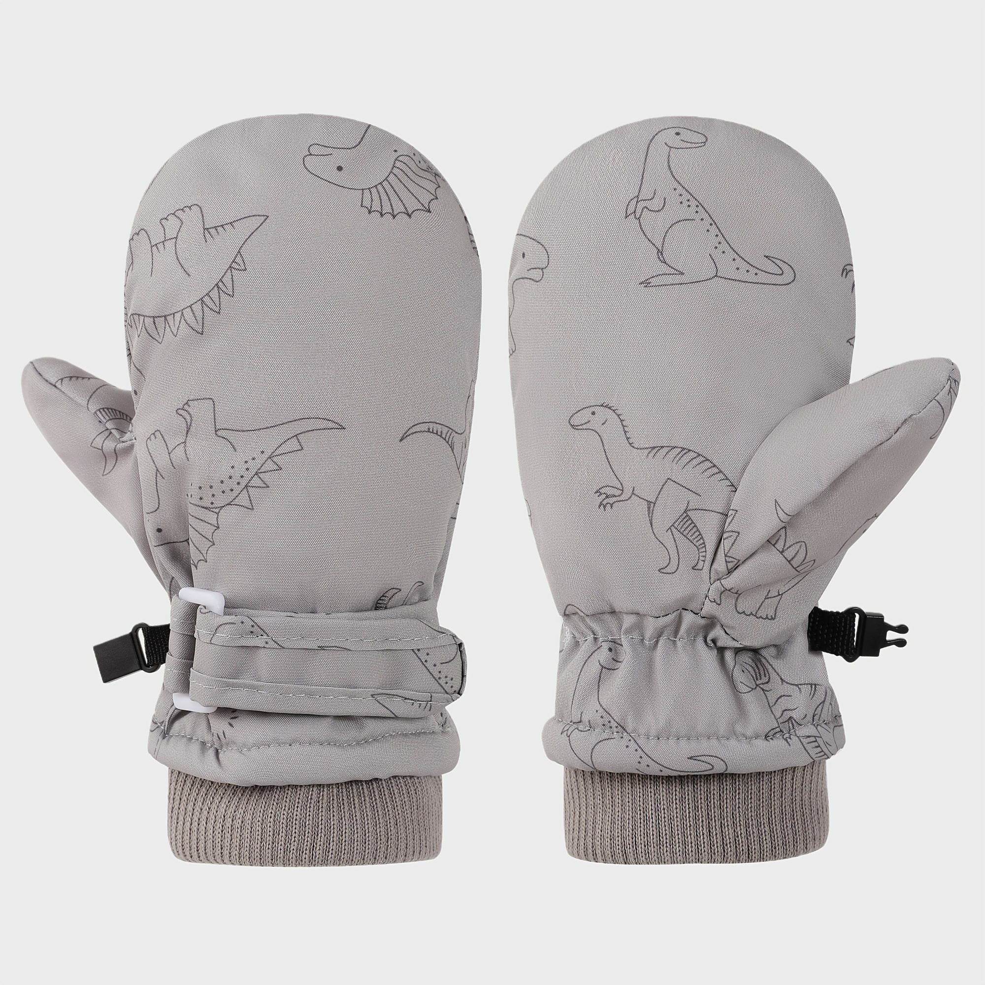 Kids' Dinosaur Patterned Warm Ski Mittens with Waterproof Shell, Adjustable Wrist Straps, and Anti-Loss Clip for Winter Outdoor Play, Snow, and Cold Weather Adventures (S, Grey)