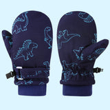 Kids' Dinosaur Patterned Warm Ski Mittens with Waterproof Shell, Adjustable Wrist Straps, and Anti-Loss Clip for Winter Outdoor Play, Snow, and Cold Weather Adventures (S, Navy)