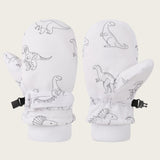 Kids' Dinosaur Patterned Warm Ski Mittens with Waterproof Shell, Adjustable Wrist Straps, and Anti-Loss Clip for Winter Outdoor Play, Snow, and Cold Weather Adventures (S, White)