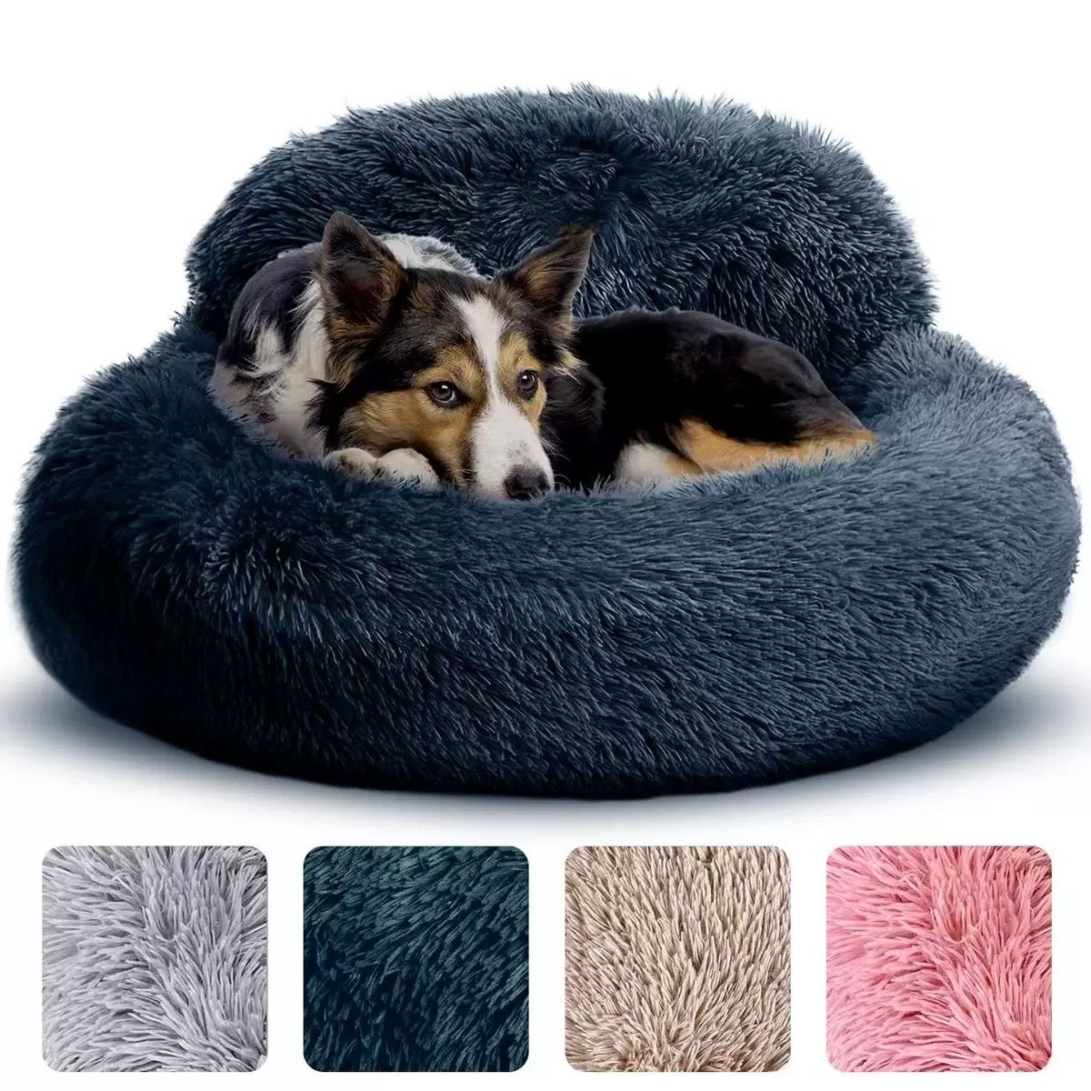 Cozy Plush Donut Pet Bed with Raised Rim, Washable Faux Fur Cat & Dog Couch, Winter Warm Supportive Nest for Small to Large Breeds (M, Navy)