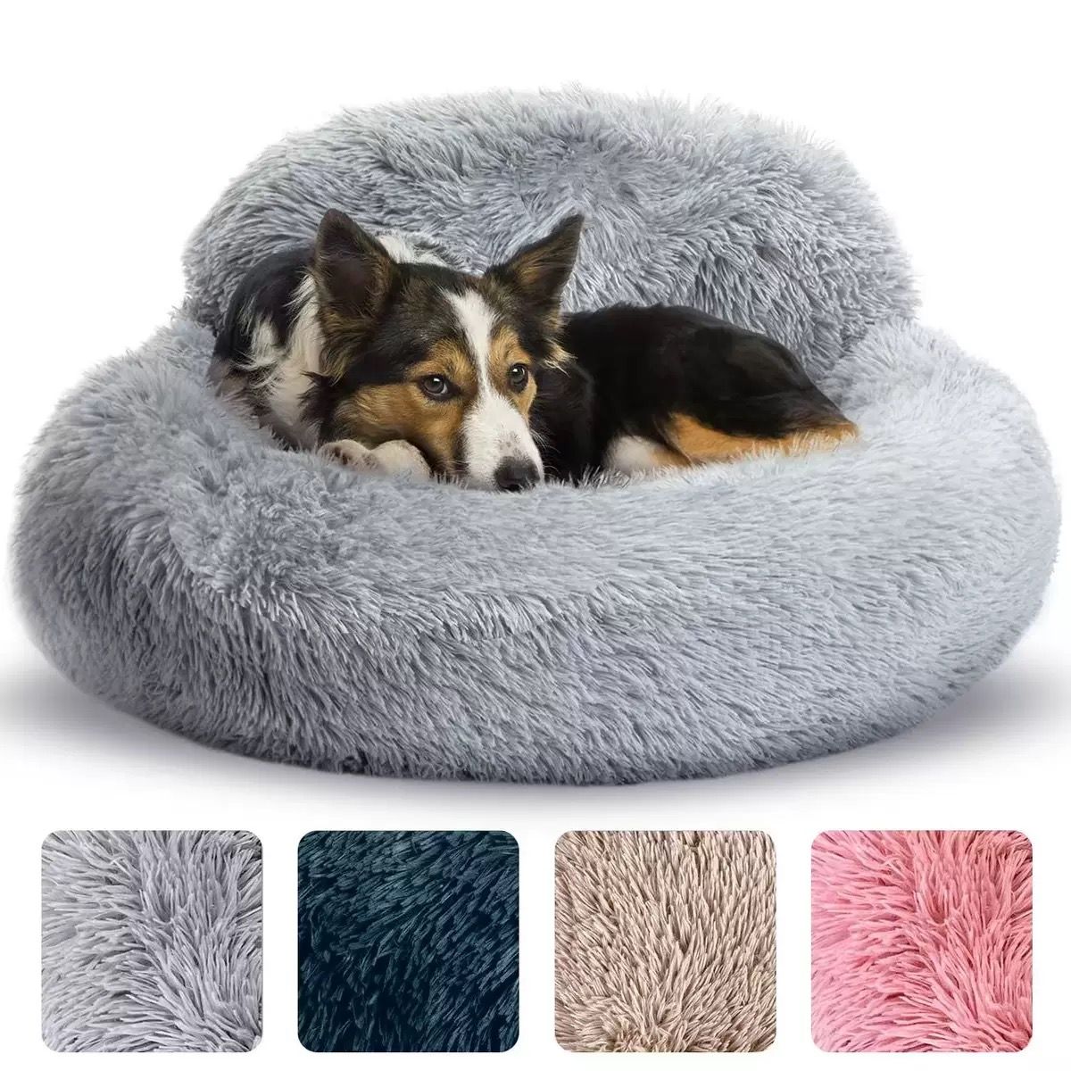Cozy Plush Donut Pet Bed with Raised Rim, Washable Faux Fur Cat & Dog Couch, Winter Warm Supportive Nest for Small to Large Breeds (M, Silver)
