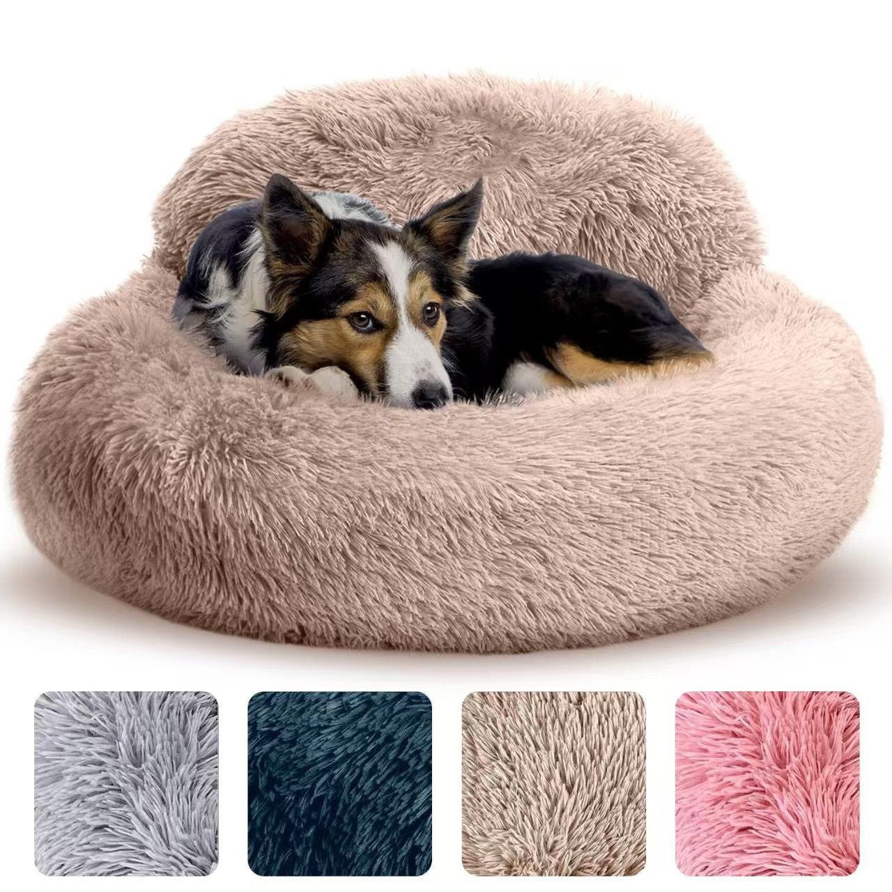 Cozy Plush Donut Pet Bed with Raised Rim, Washable Faux Fur Cat & Dog Couch, Winter Warm Supportive Nest for Small to Large Breeds (S, Brown)