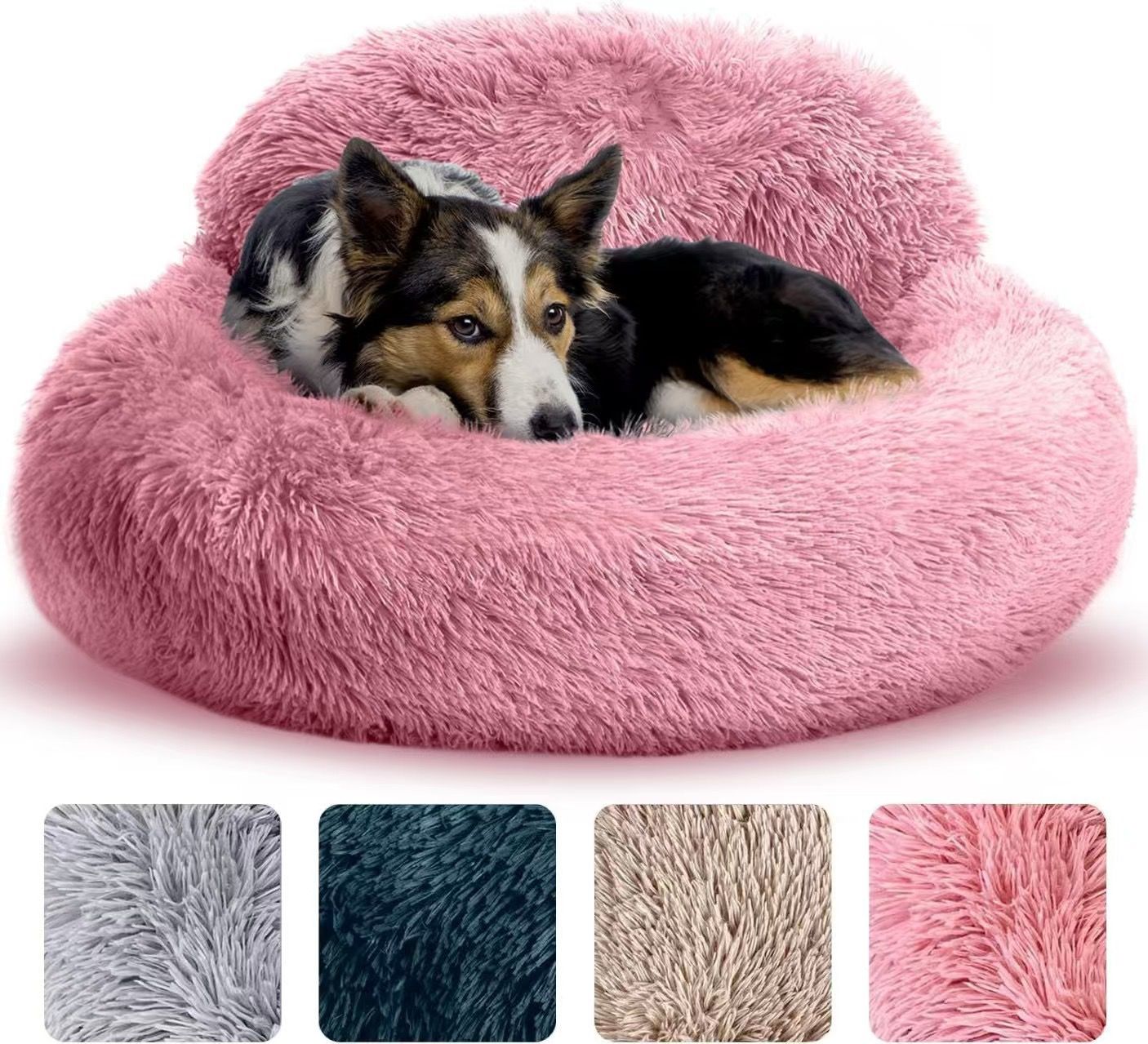 Cozy Plush Donut Pet Bed with Raised Rim, Washable Faux Fur Cat & Dog Couch, Winter Warm Supportive Nest for Small to Large Breeds (S, Pink)