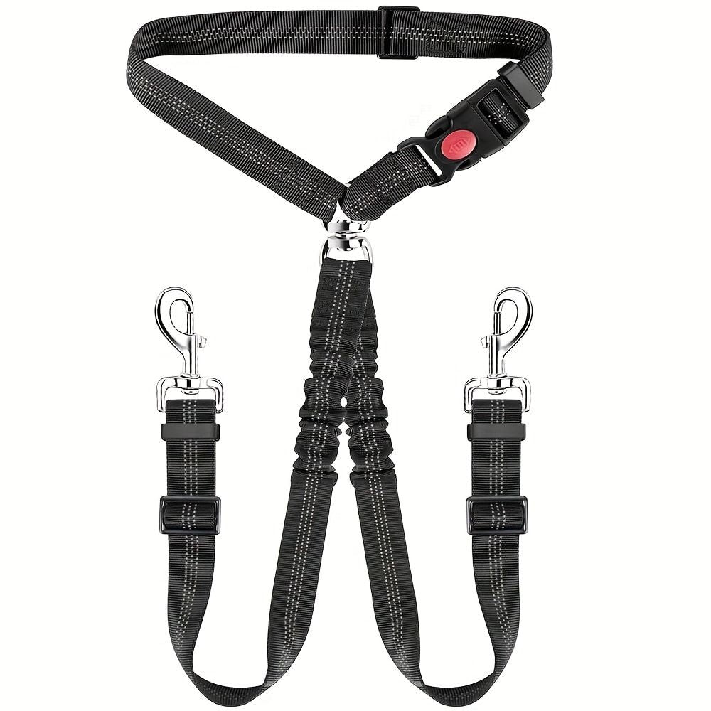 Dual-Head Pet Car Seat Belt with 360° Swivel Tangle-Free Leash for Two Dogs - Adjustable Safety Restraint for Car Travel and Outdoor Walking, Reflective Nylon Webbing (Black)
