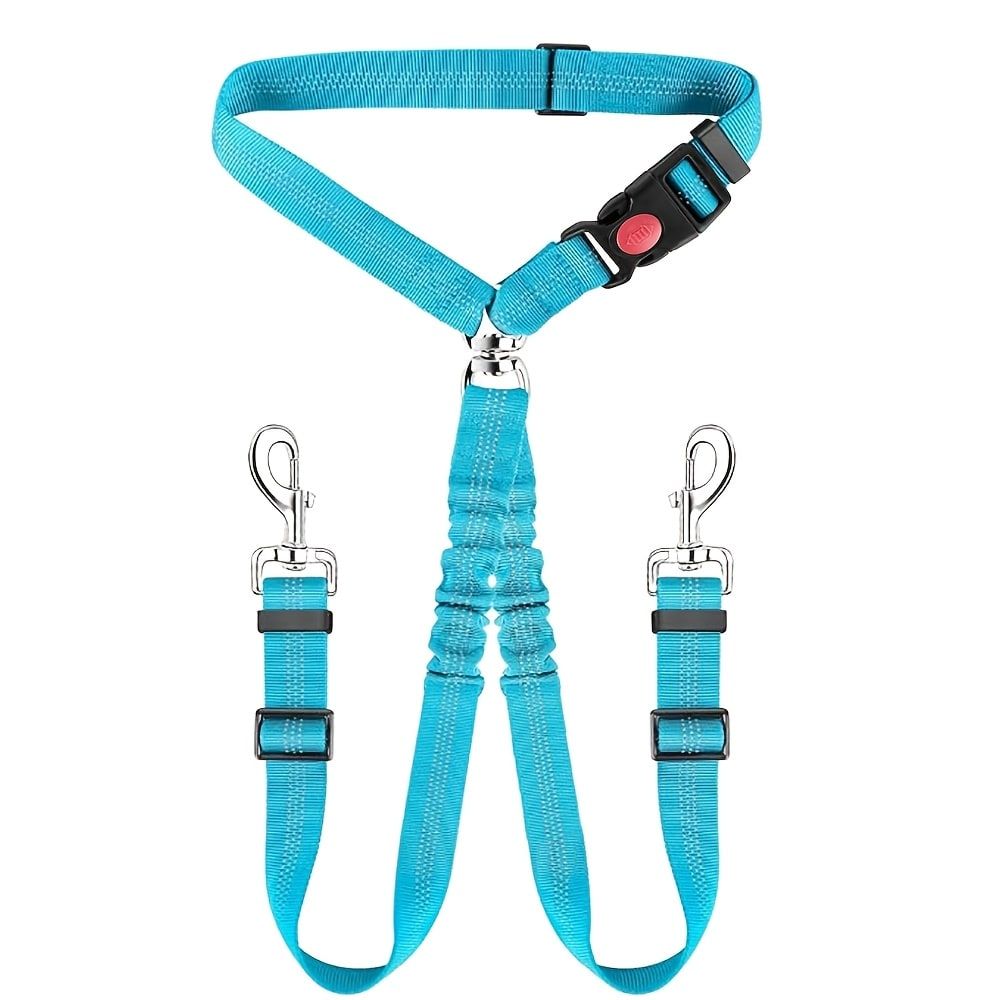 Dual-Head Pet Car Seat Belt with 360° Swivel Tangle-Free Leash for Two Dogs - Adjustable Safety Restraint for Car Travel and Outdoor Walking, Reflective Nylon Webbing (Blue)