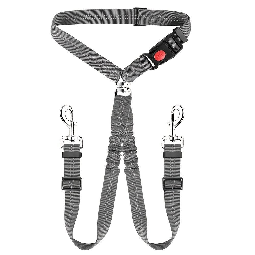 Dual-Head Pet Car Seat Belt with 360° Swivel Tangle-Free Leash for Two Dogs - Adjustable Safety Restraint for Car Travel and Outdoor Walking, Reflective Nylon Webbing (Grey)