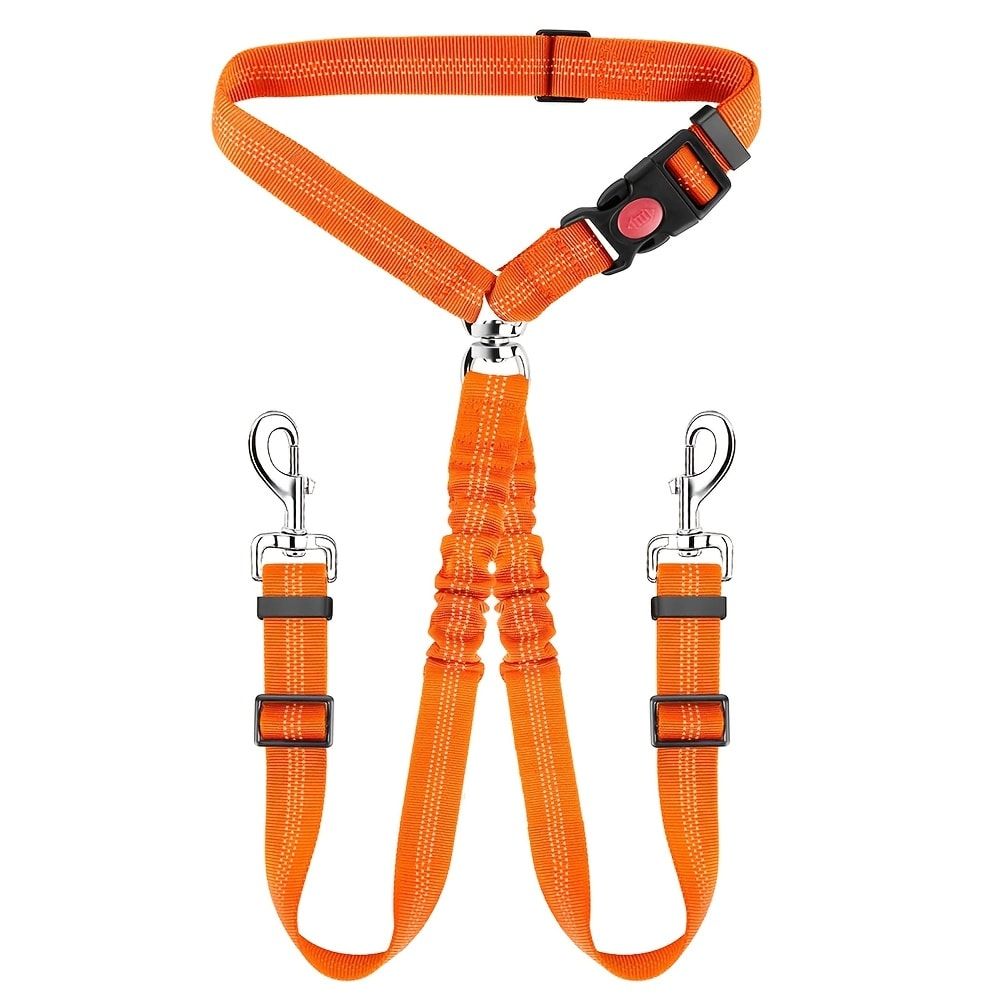 Dual-Head Pet Car Seat Belt with 360° Swivel Tangle-Free Leash for Two Dogs - Adjustable Safety Restraint for Car Travel and Outdoor Walking, Reflective Nylon Webbing (Orange)