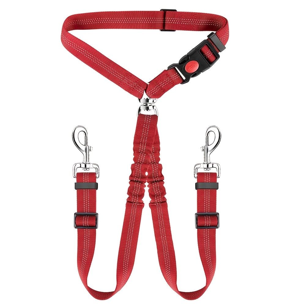 Dual-Head Pet Car Seat Belt with 360° Swivel Tangle-Free Leash for Two Dogs - Adjustable Safety Restraint for Car Travel and Outdoor Walking, Reflective Nylon Webbing (Red)