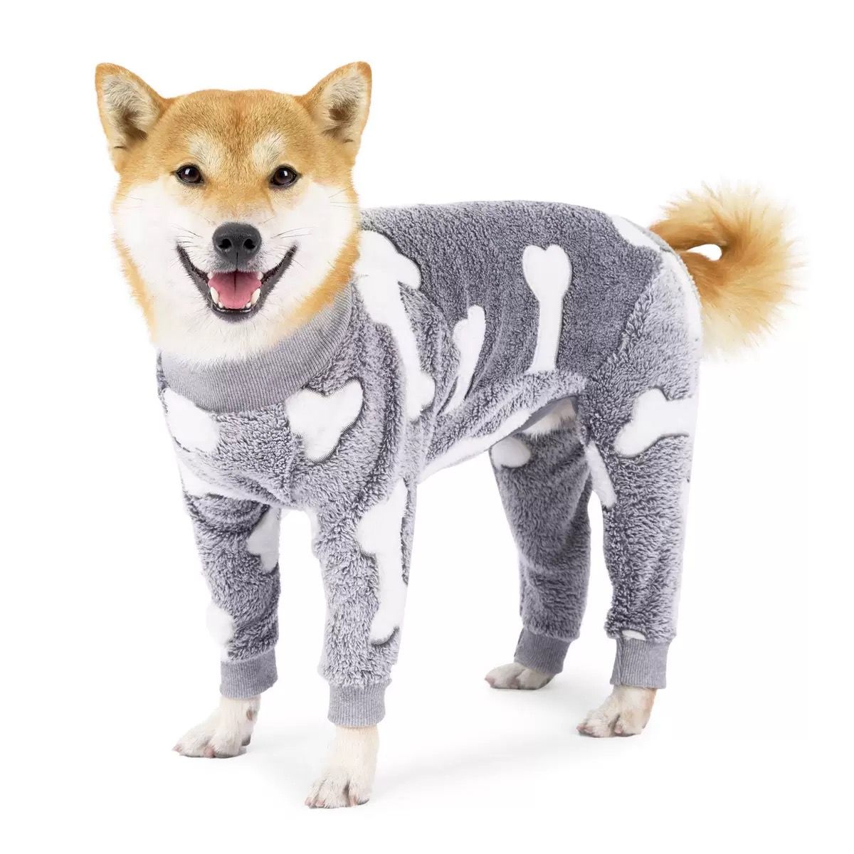 Cozy Winter Pet Fleece Four-Legged Bodysuit, Warm Flannel Full-Body Pajamas for Small to Medium Dogs, Star & Moon Print, Elastic Cuffs for Easy Wear (S, Grey)