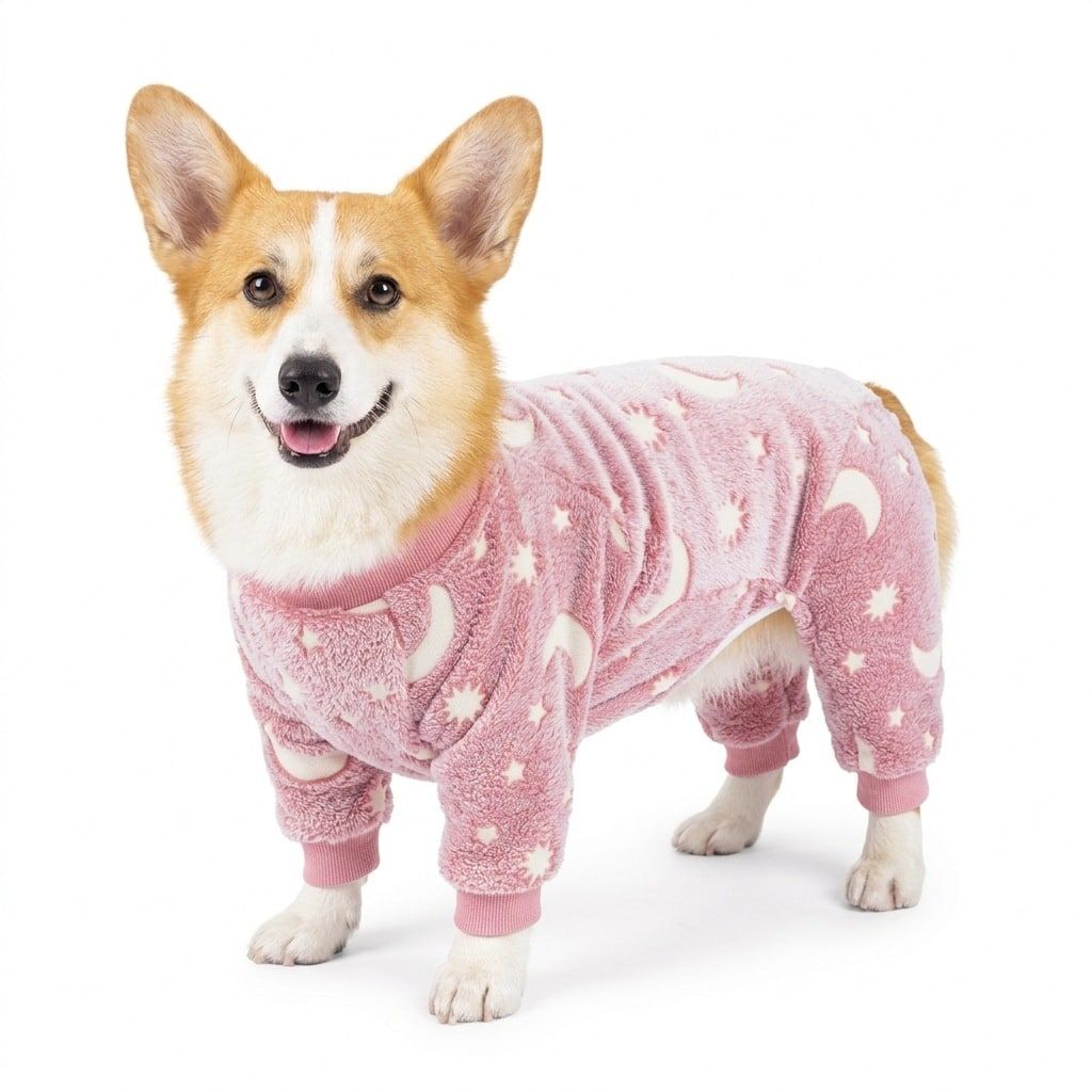 Cozy Winter Pet Fleece Four-Legged Bodysuit, Warm Flannel Full-Body Pajamas for Small to Medium Dogs, Star & Moon Print, Elastic Cuffs for Easy Wear (S, Pink)