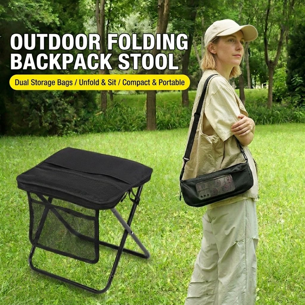 Ultra-Portable Folding Stool with Crossbody Storage Bag – Heavy-Duty Carbon Steel Frame, Oxford Fabric Seat, Side Mesh Pocket, Ideal for Camping, Commuting, Queueing, and On-the-Go Seating (L, Black)
