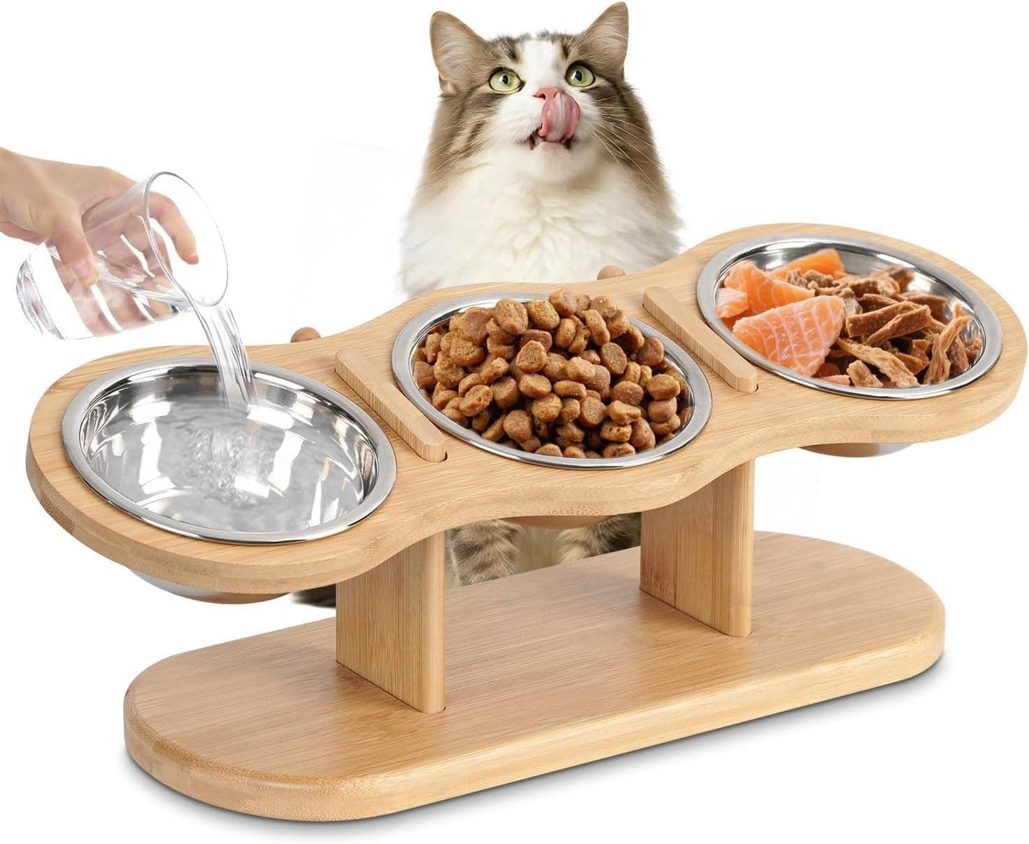 Elevated Cat Bowl Set with 3 Stainless Steel Bowls and 15° Angled Stand, Ideal for Indoor Cats and Small Dogs to Promote Healthy Eating and Digestion