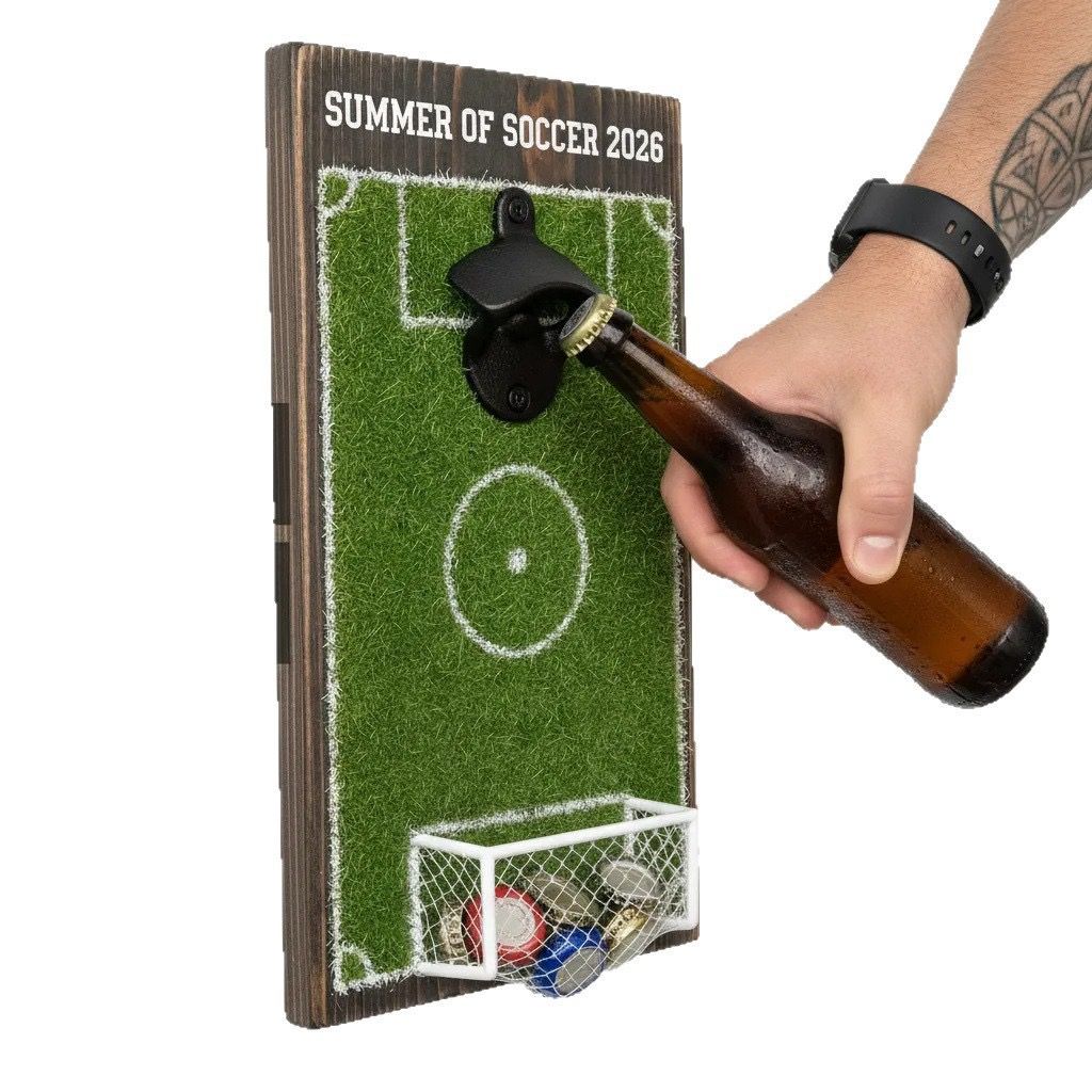 Wall-Mounted Soccer Field Bottle Opener with Goal Net Catcher – Football-Themed Bar Accessory for Game Room, Man Cave, Home Bar, or Outdoor Patio – Unique Gift for Soccer Fans (19.5*38cm)