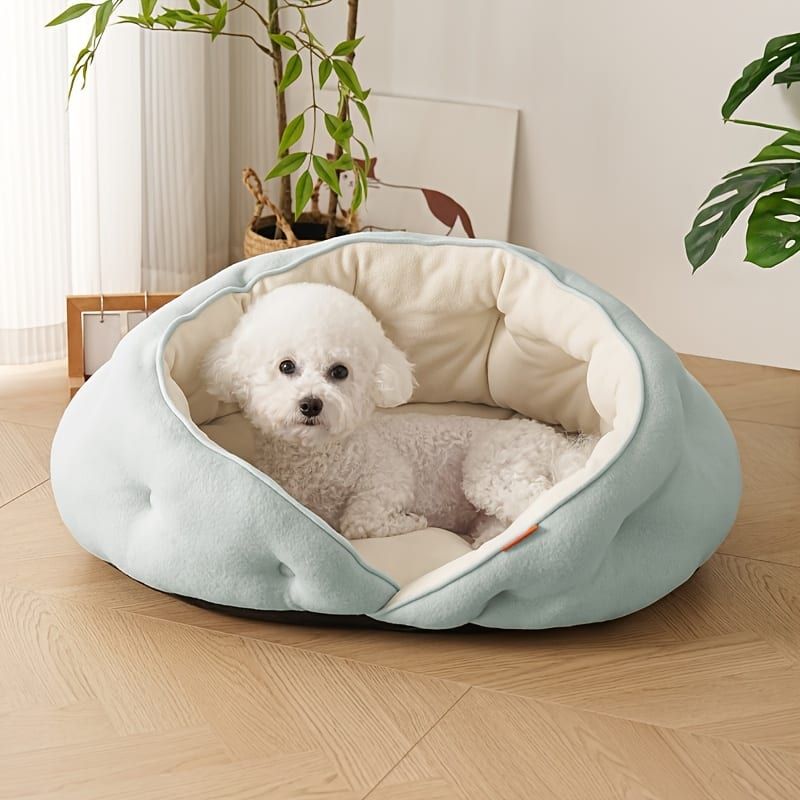 Semi-Enclosed Pet Bed with Plush Comfort and Anti-Slip Base – Ideal for Cats and Small to Medium Dogs Seeking a Cozy, Secure Sleep Spot for All Seasons (L, Blue)
