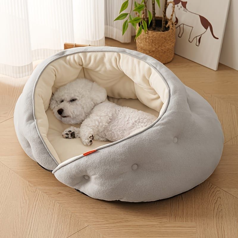Semi-Enclosed Pet Bed with Plush Comfort and Anti-Slip Base – Ideal for Cats and Small to Medium Dogs Seeking a Cozy, Secure Sleep Spot for All Seasons (L, Grey)