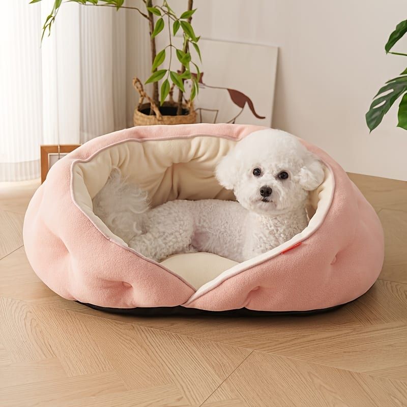 Semi-Enclosed Pet Bed with Plush Comfort and Anti-Slip Base – Ideal for Cats and Small to Medium Dogs Seeking a Cozy, Secure Sleep Spot for All Seasons (L, Pink)