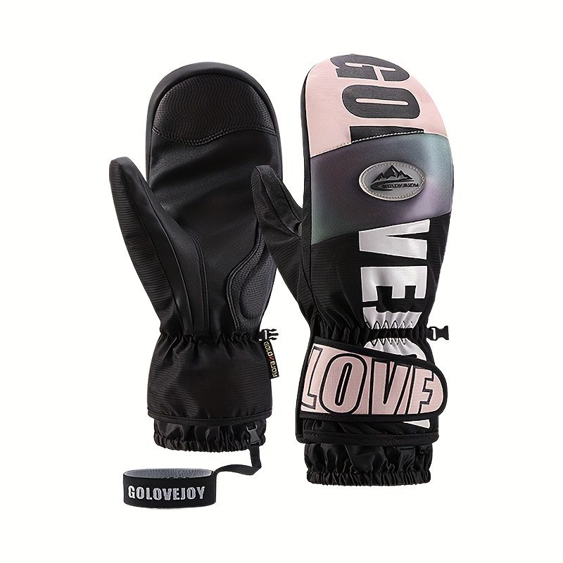 Winter Ski Mittens Waterproof & Windproof for Outdoor Snow Sports, with Touchscreen Compatibility, Fleece Lining, Anti-Slip Palm, Adjustable Wrist Strap, and Detachable Leash for Men and Women (L, Pink)