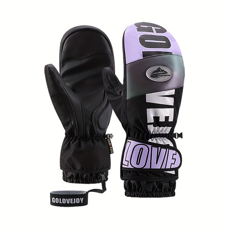Winter Ski Mittens Waterproof & Windproof for Outdoor Snow Sports, with Touchscreen Compatibility, Fleece Lining, Anti-Slip Palm, Adjustable Wrist Strap, and Detachable Leash for Men and Women (M, Purple)