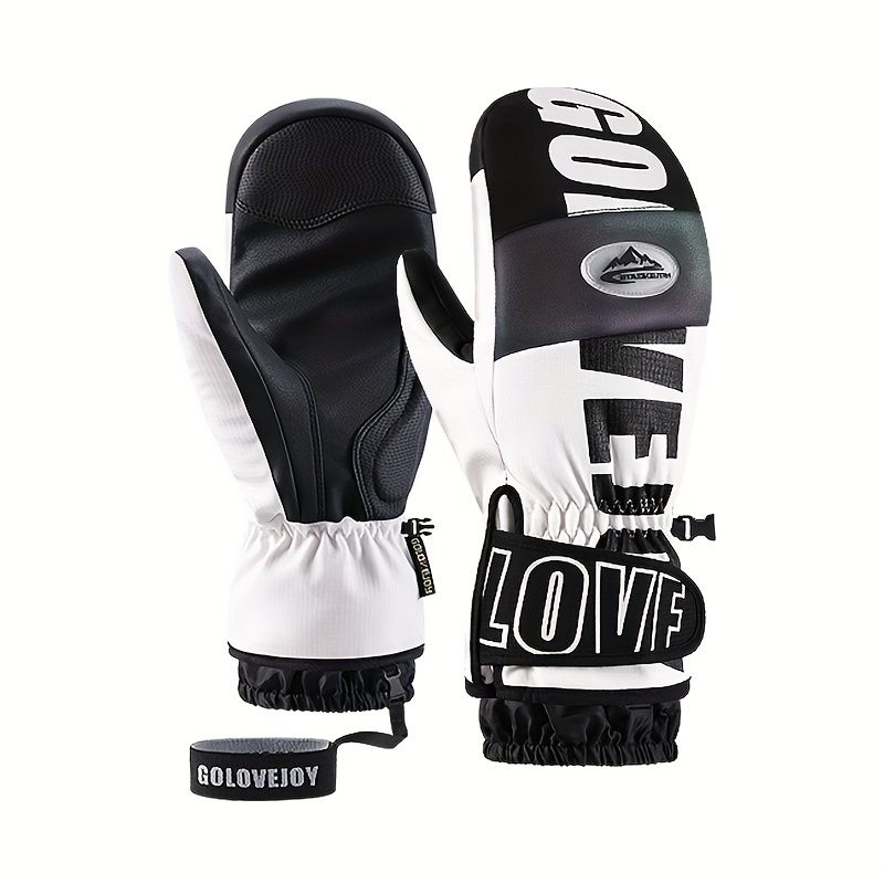 Winter Ski Mittens Waterproof & Windproof for Outdoor Snow Sports, with Touchscreen Compatibility, Fleece Lining, Anti-Slip Palm, Adjustable Wrist Strap, and Detachable Leash for Men and Women (M, White)