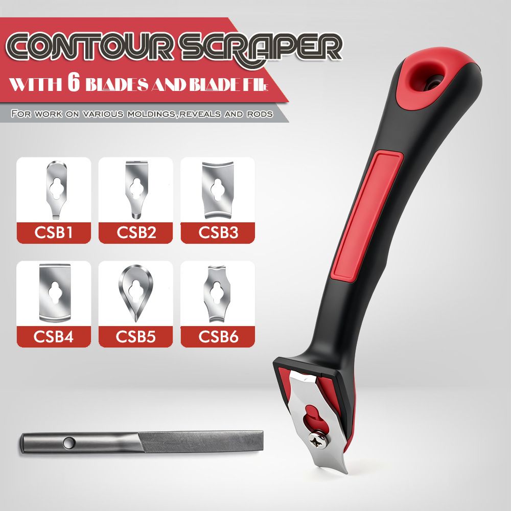 Contour Scraper Set with 6 Replaceable Stainless Steel Blades and Metal Sharpening File, Ergonomic Anti-Slip Handle for Woodworking, Paint Removal, Shaping Moldings, Trim, Railings, Door Frames and Curved Profiles (Scraper Kit with 6 Blades)