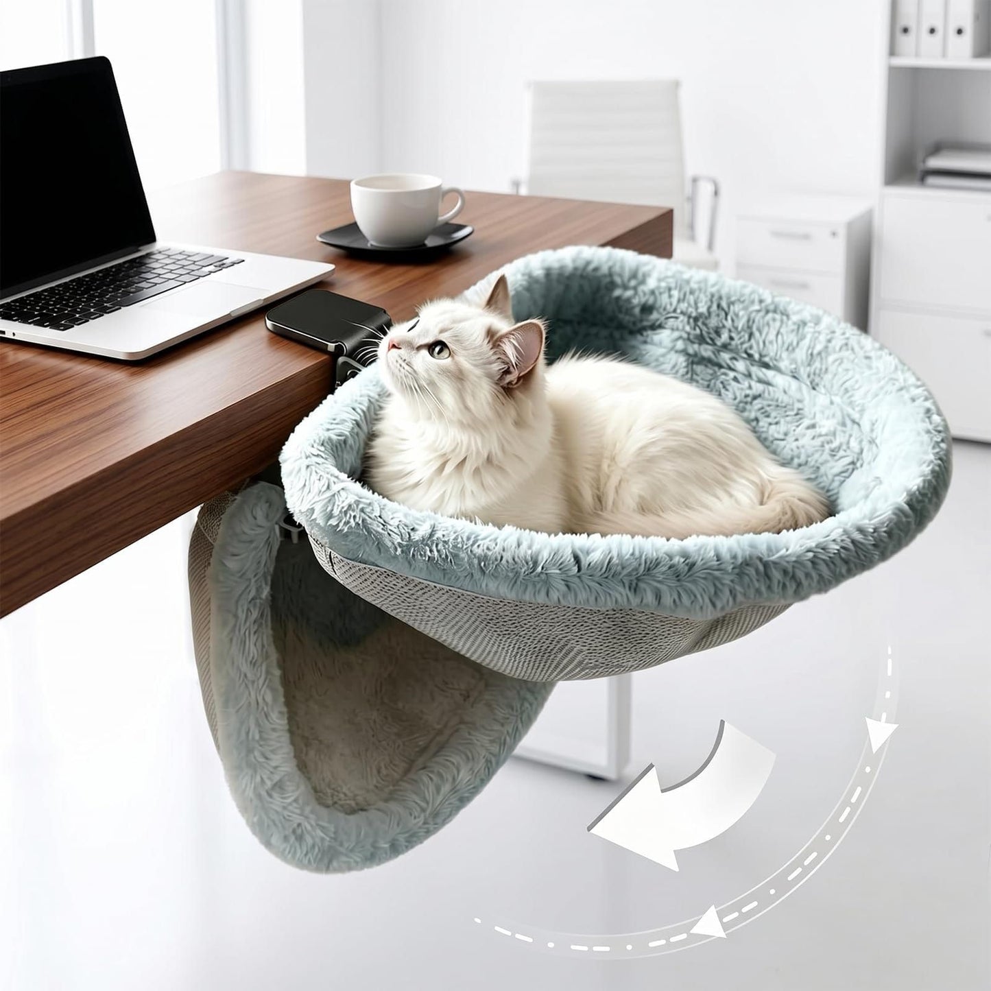 Adjustable Cat Hammock for Desk, Folding Cat Bed with Soft Faux Fur Liner and Breathable Mesh, Clip-On Perch for Office, Gaming, Dining Table – Secure, Cozy Space for Your Feline Friend (Grey)