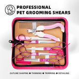 Professional Pet Grooming Scissors Set for Dogs & Cats – Includes Straight, Curved, Thinning Shears, Nail Clippers, and Comb in a Stylish Pink Case for Home Grooming and Salon-Quality Trimming