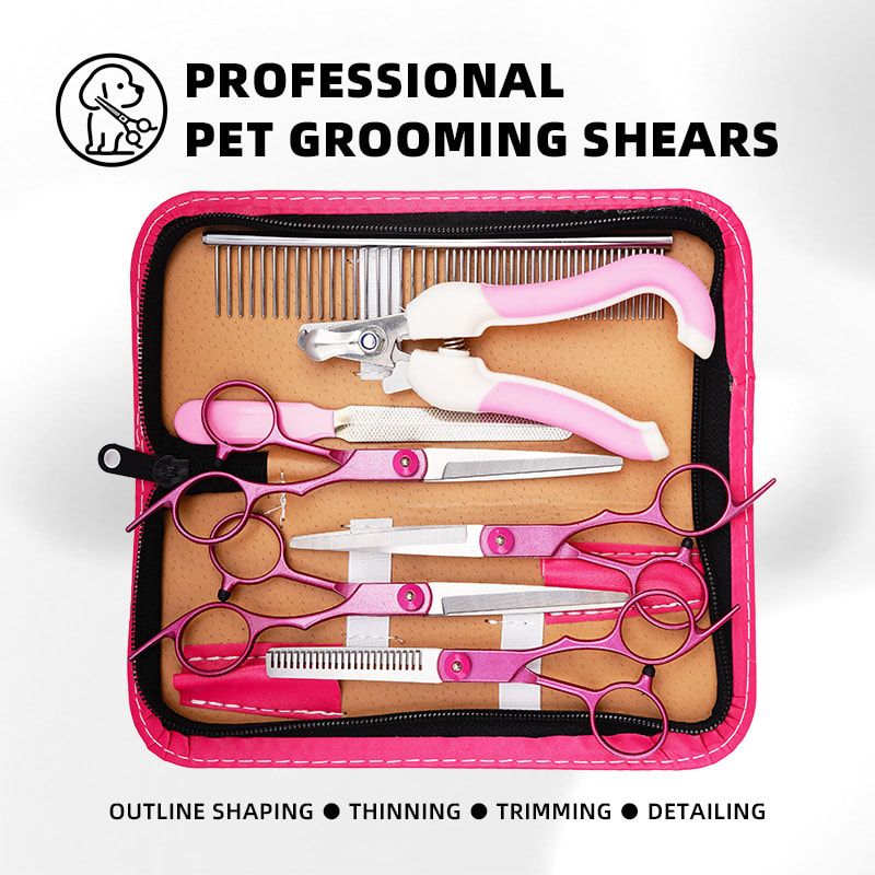 Professional Pet Grooming Scissors Set for Dogs & Cats – Includes Straight, Curved, Thinning Shears, Nail Clippers, and Comb in a Stylish Pink Case for Home Grooming and Salon-Quality Trimming