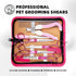 Professional Pet Grooming Scissors Set for Dogs & Cats – Includes Straight, Curved, Thinning Shears, Nail Clippers, and Comb in a Stylish Pink Case for Home Grooming and Salon-Quality Trimming