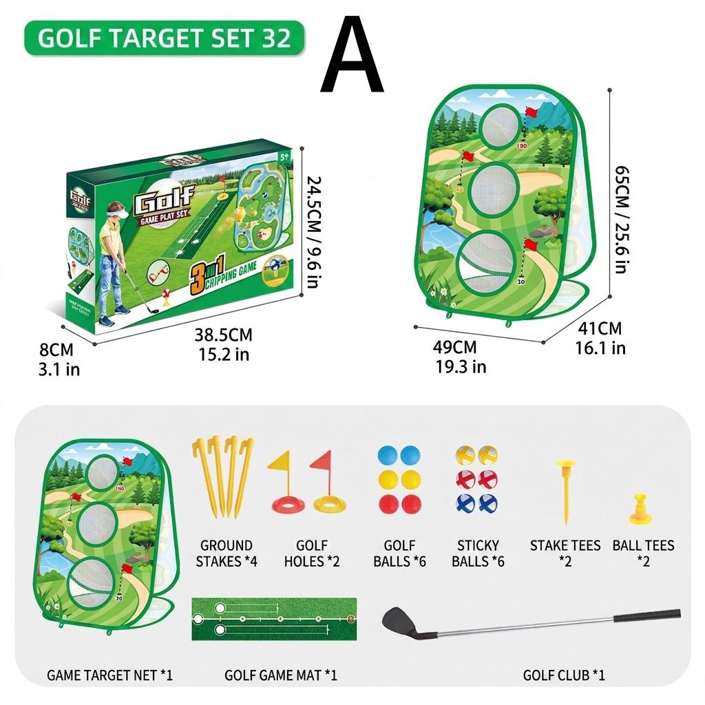 3-in-1 Kids Golf Putting & Tossing Game Set for Indoor/Outdoor Family Fun – Includes Stainless Steel Putter, Cloth Mat, Soft Balls, Beanbags, and Rings for Interactive Play (A)