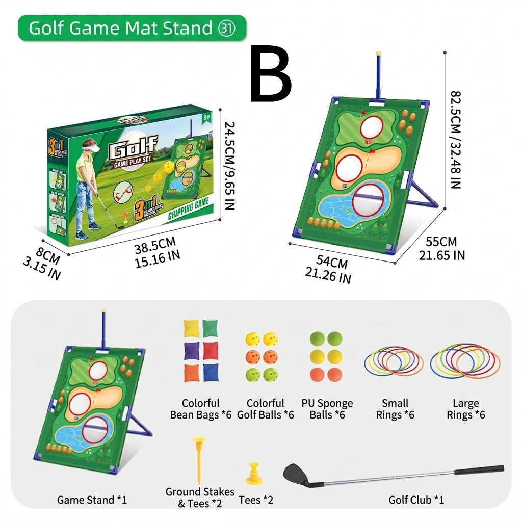 3-in-1 Kids Golf Putting & Tossing Game Set for Indoor/Outdoor Family Fun – Includes Stainless Steel Putter, Cloth Mat, Soft Balls, Beanbags, and Rings for Interactive Play (B)