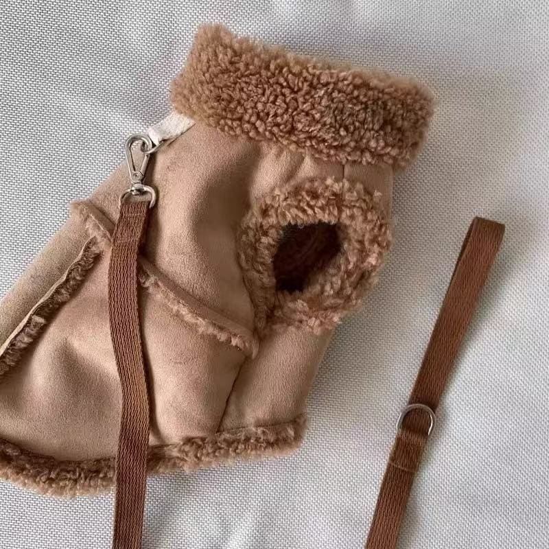 Cozy Pet Winter Vest with Leash Loop: Faux Suede & Plush Fleece Warm Coat for Small Dogs, Cats, and Puppies – Perfect for Autumn, Winter Walks, and Indoor Comfort (2XL, Brown)(Leash not included)