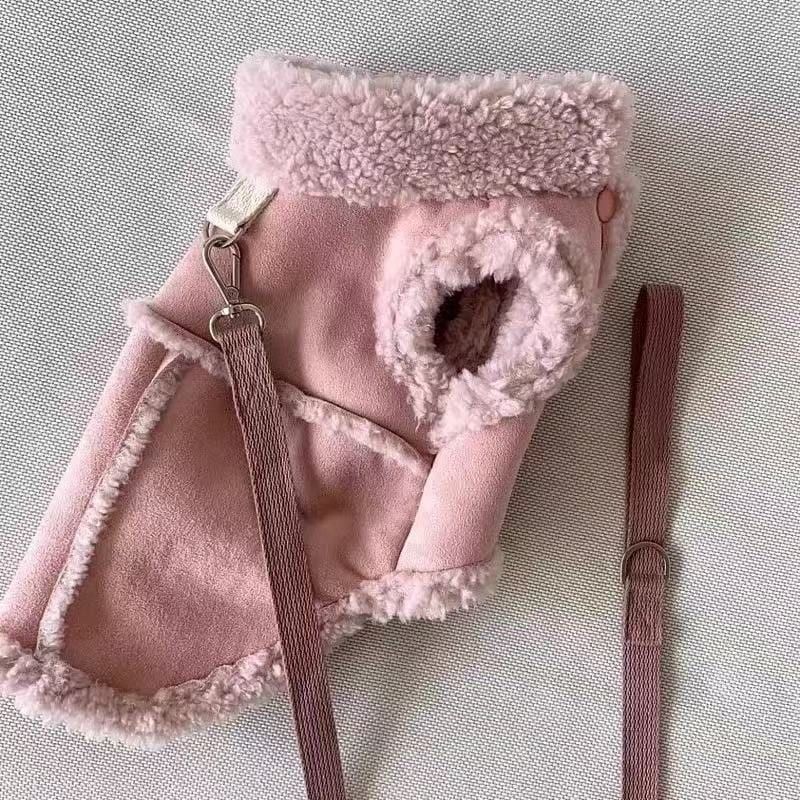 Cozy Pet Winter Vest with Leash Loop: Faux Suede & Plush Fleece Warm Coat for Small Dogs, Cats, and Puppies – Perfect for Autumn, Winter Walks, and Indoor Comfort (M, Pink)(Leash not included)