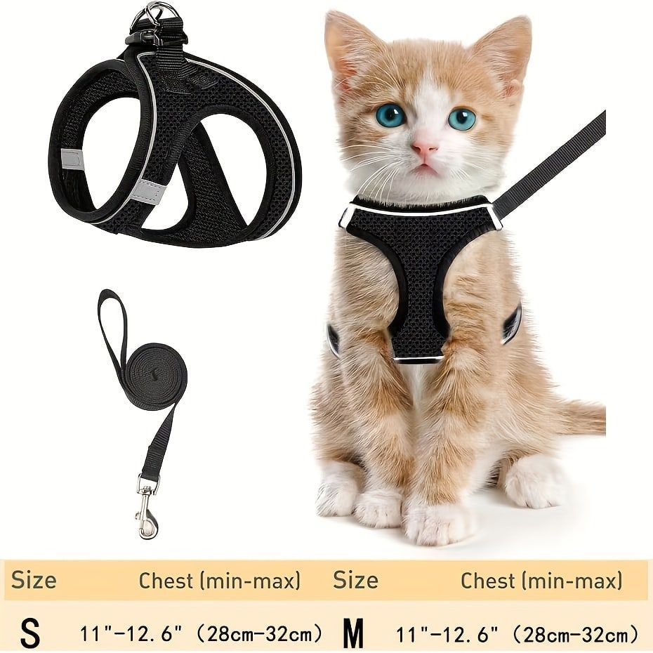 Escape-Proof Cat Harness and Leash Set with Reflective Soft Mesh Vest for Safe Outdoor Adventures with Your Feline Friend (M, Black)