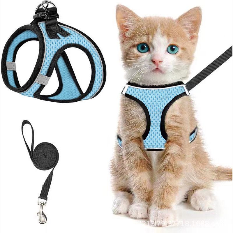 Escape-Proof Cat Harness and Leash Set with Reflective Soft Mesh Vest for Safe Outdoor Adventures with Your Feline Friend (M, Blue)